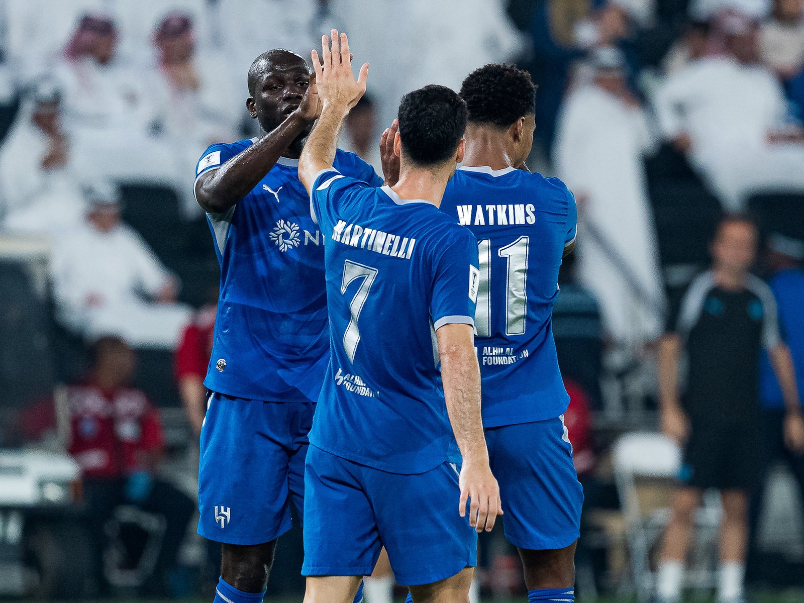 Ollie Watkins (11) celebrates with Al Hilal team-mates after the 3-2 win over Al Ittihad